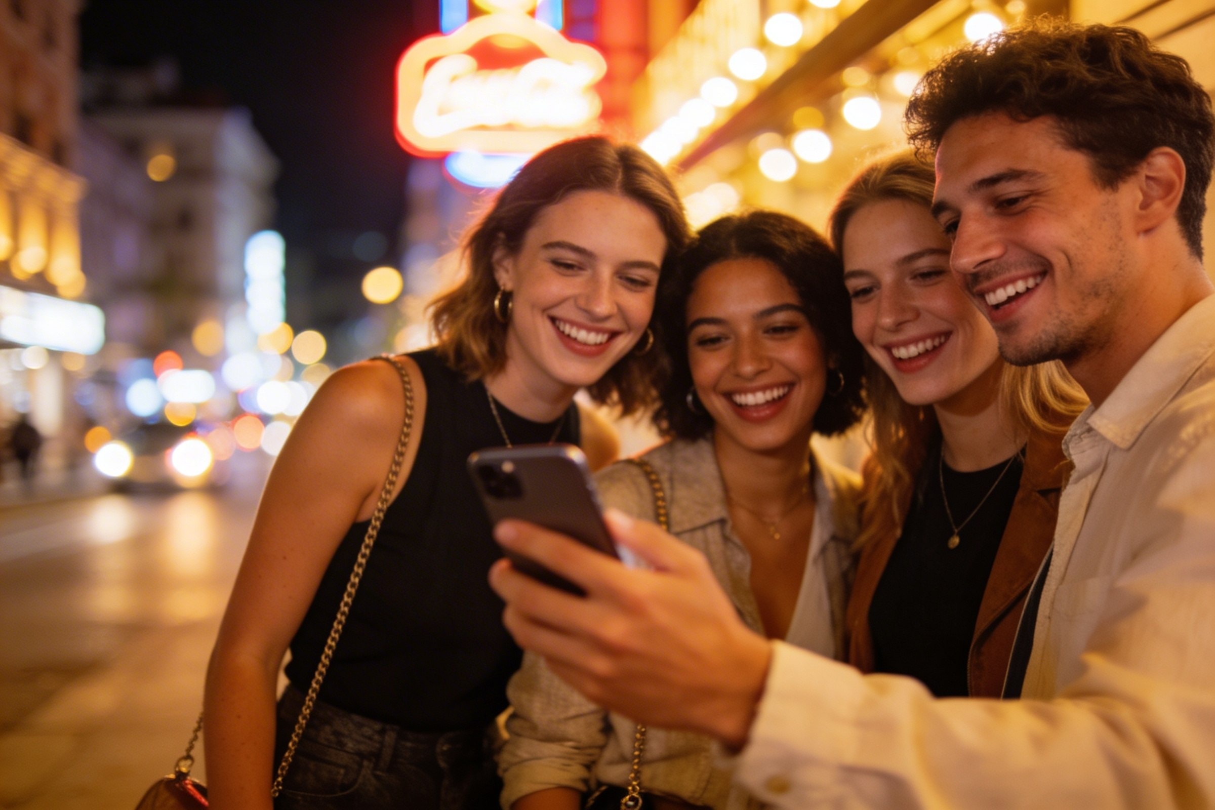 Amigas y amigos de noche viendo juntos un plan en el celular