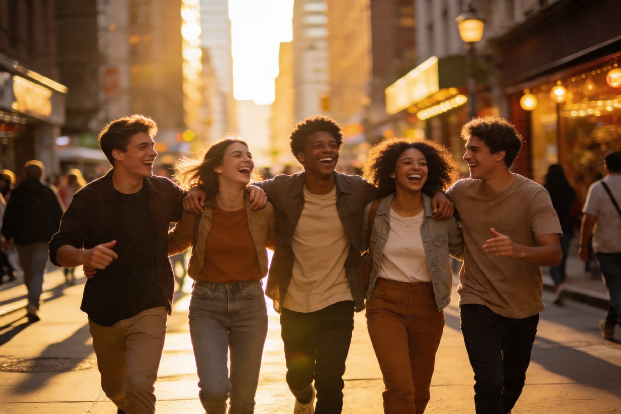Grupo de amigos caminando y riendo por una calle del centro al atardecer