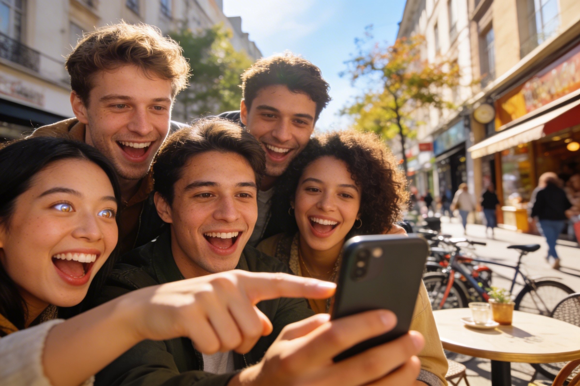 Grupo de amigos emocionados viendo un evento en el celular