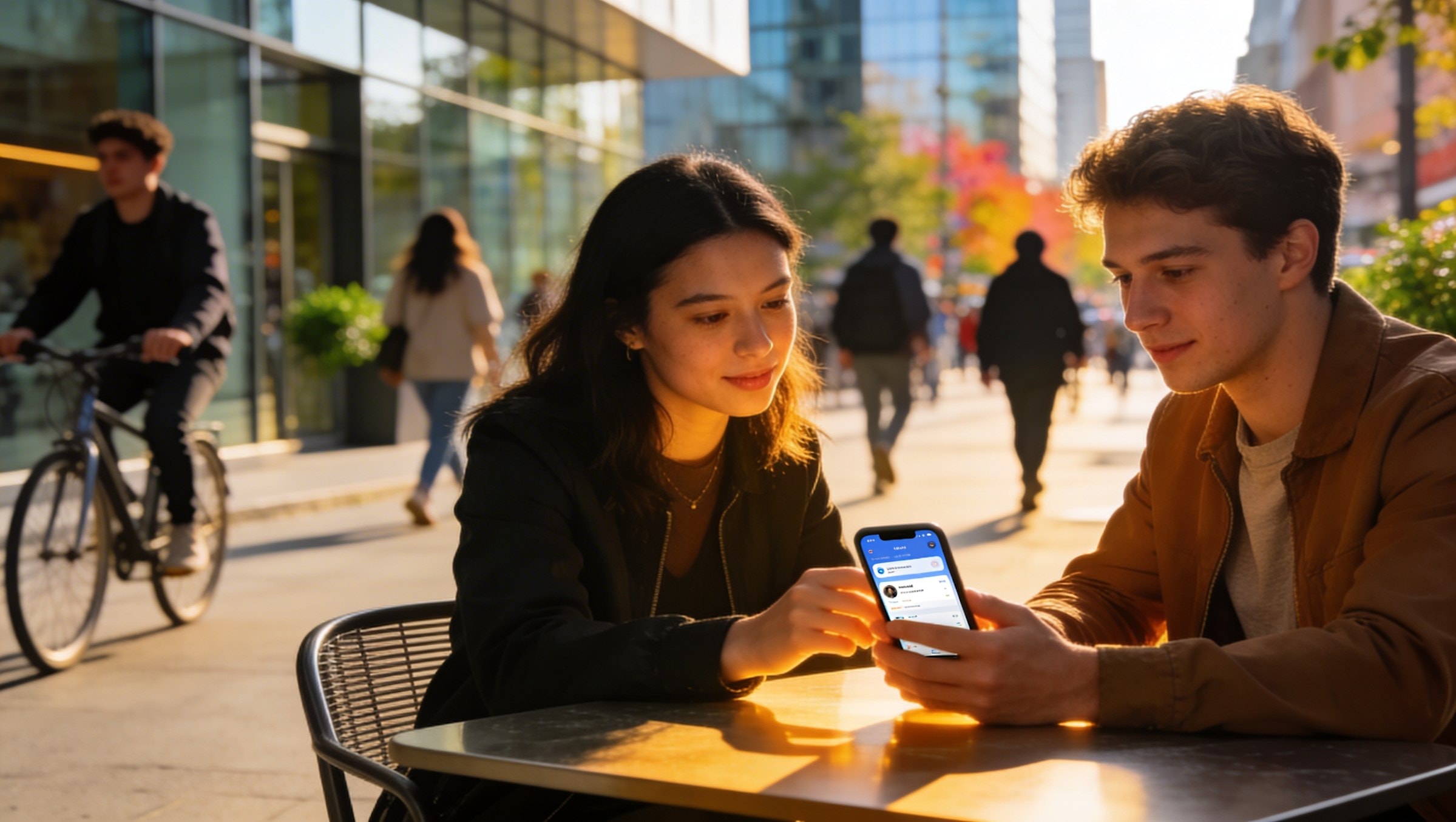 Pareja revisando la app Nemi en una terraza de la ciudad