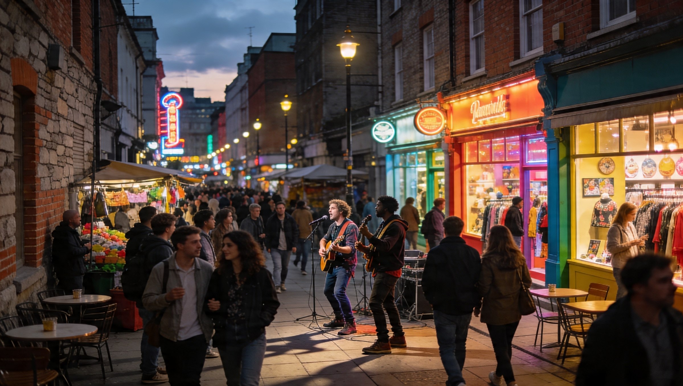 Calle peatonal con mercado, cafés y música en vivo al anochecer