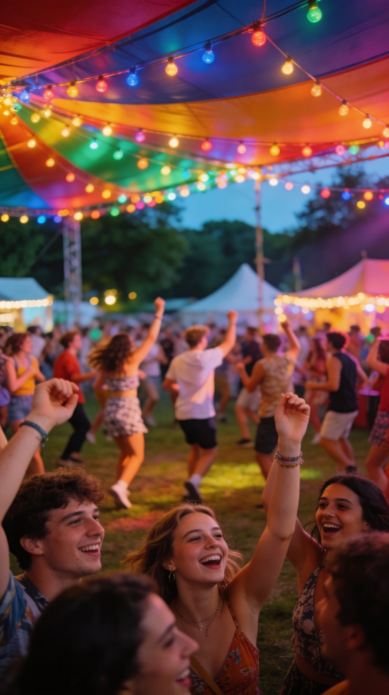 Gente bailando en un festival al aire libre bajo luces de colores