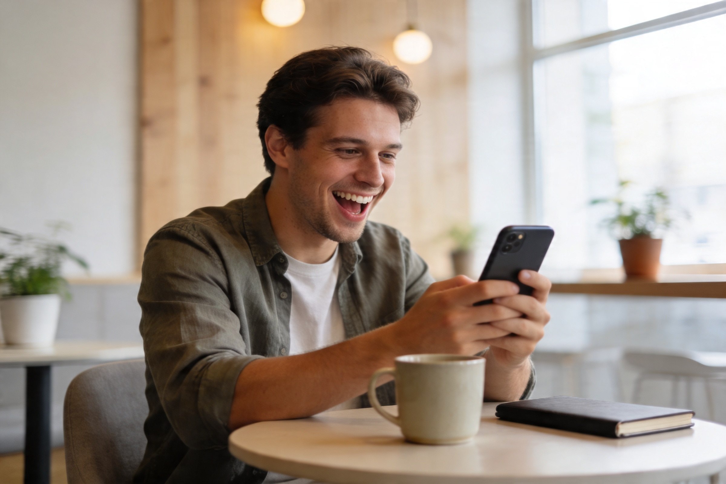 Chico sonriendo mientras revisa un plan en su celular en un café