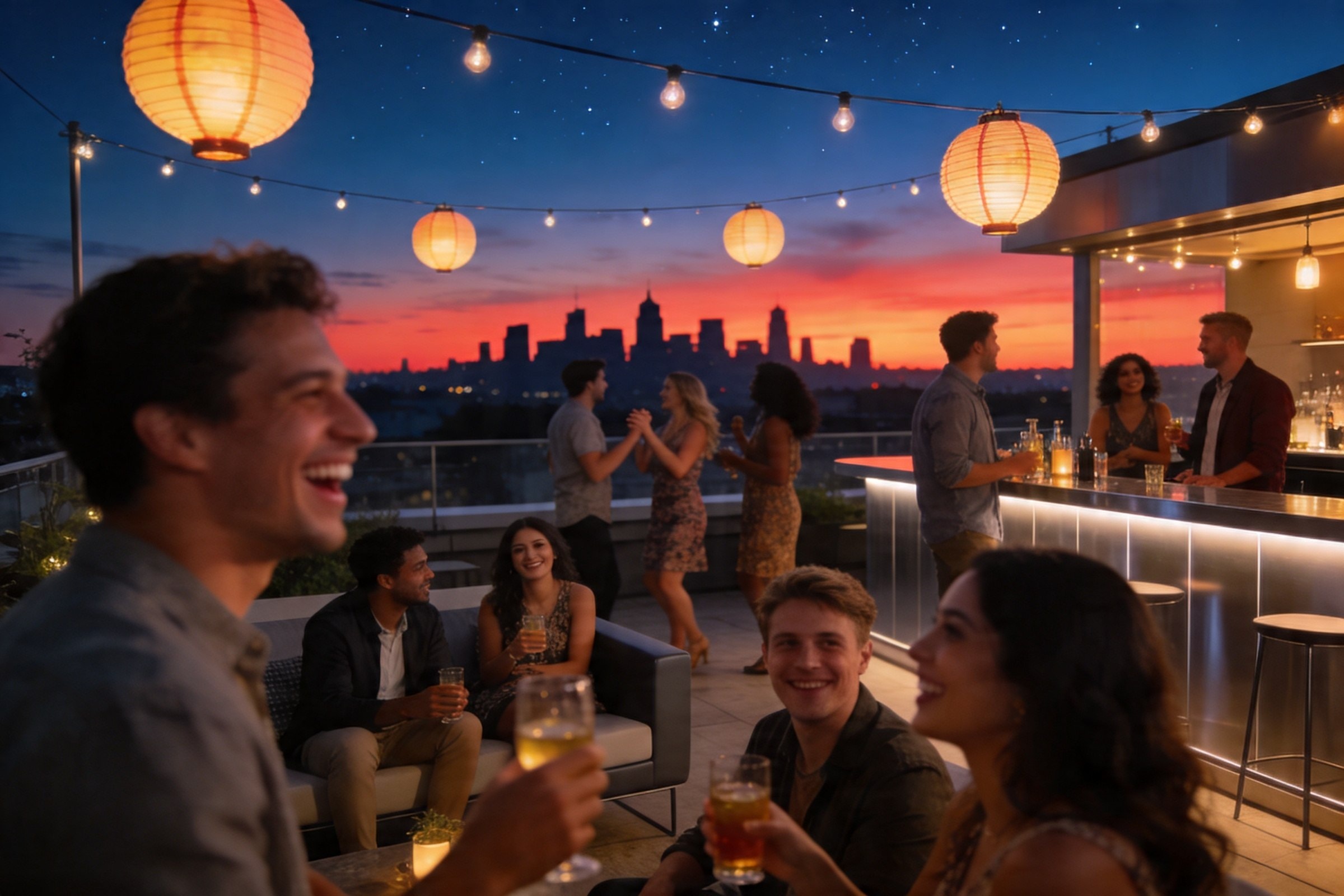 Rooftop lleno con barra y vista a la ciudad al atardecer