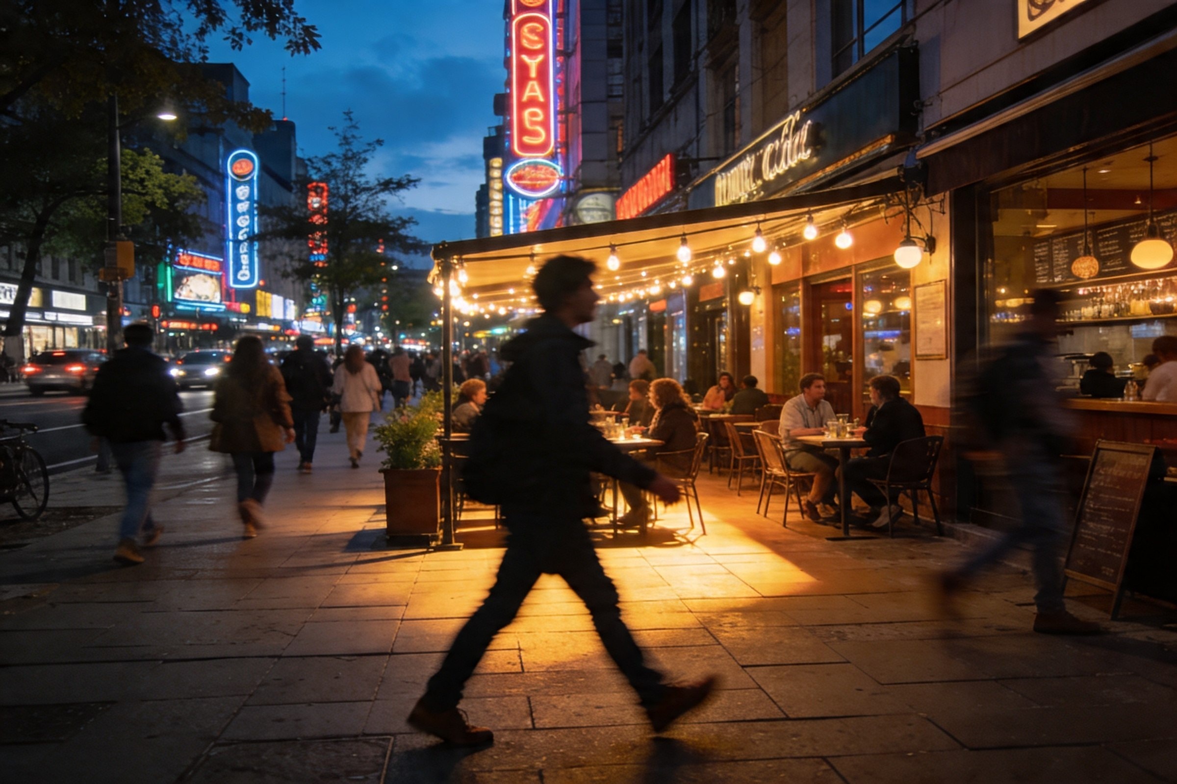 Calle de bares y restaurantes llena de gente por la noche